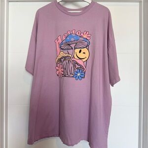 Purple Graphic Tee with Smiley and Mushrooms